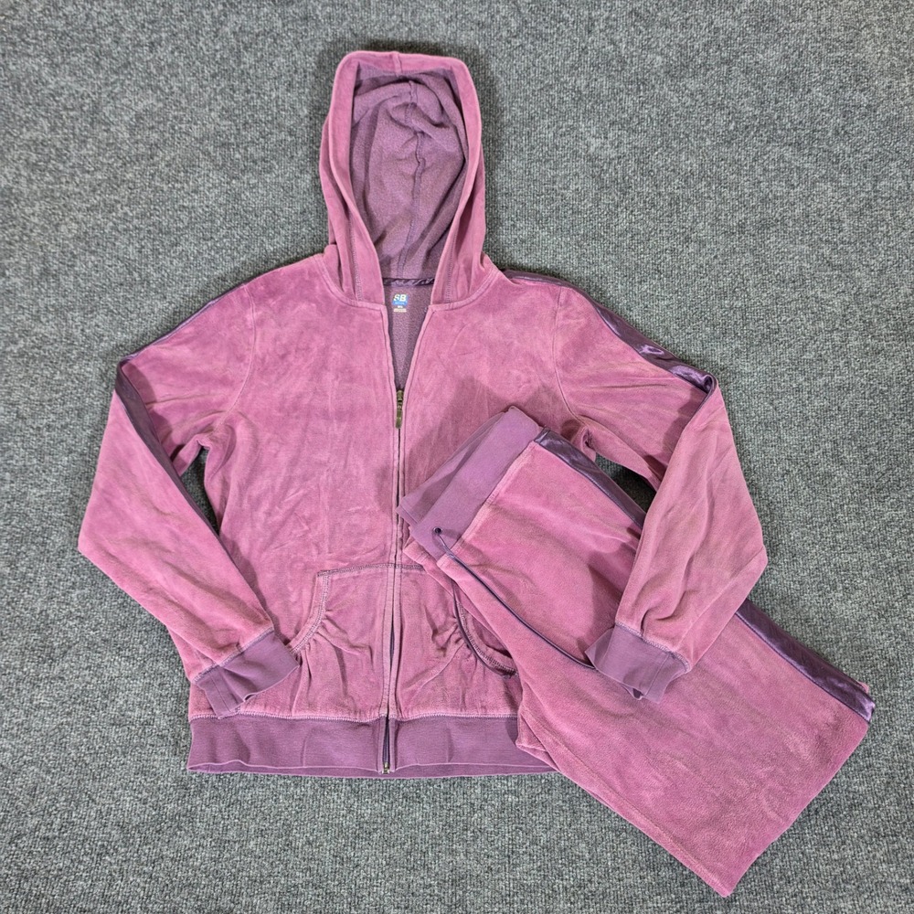 Y2K 2000s Womens Velour Tracksuit Set Purple Full Zip Hoodie Pants Small S